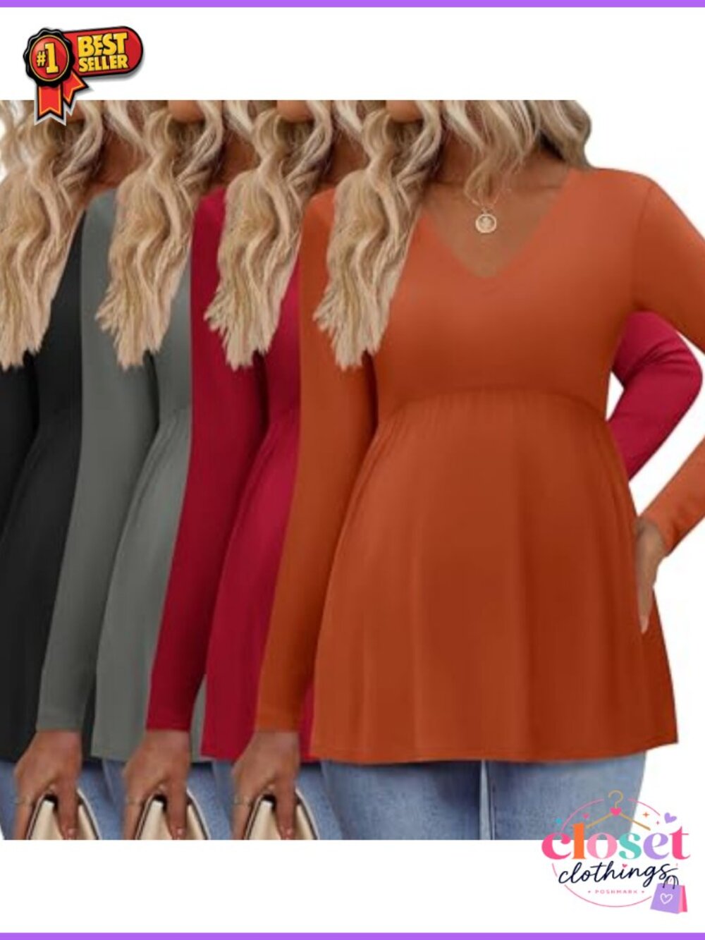 Maternity Long Sleeve V Neck Tops 4 Pack Fall Pregnancy Shirts
